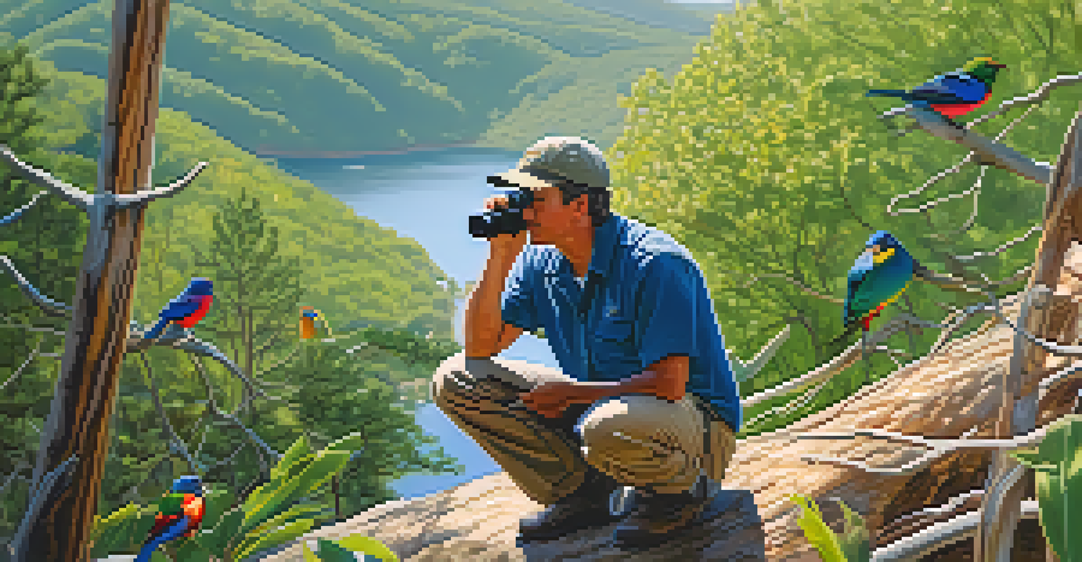 A birdwatcher using binoculars to observe a painted bunting in a lush wilderness park setting.