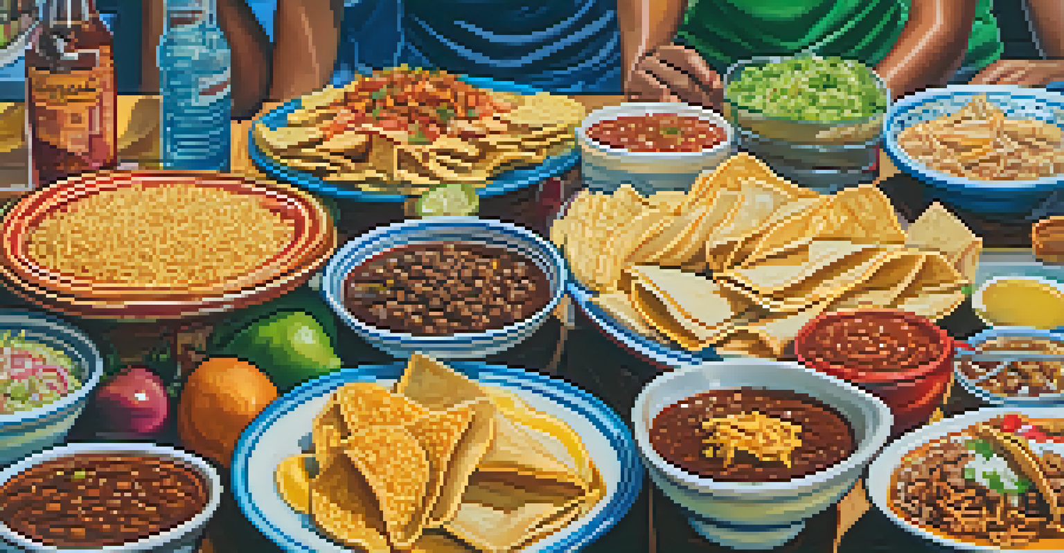 A table filled with traditional Fiesta food including tacos, tamales, and churros, beautifully arranged with colorful garnishes, depicting a communal dining experience.