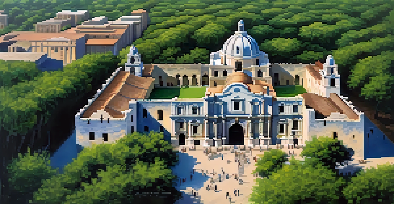 An aerial view of the Alamo with tourists exploring the historic site amidst greenery.