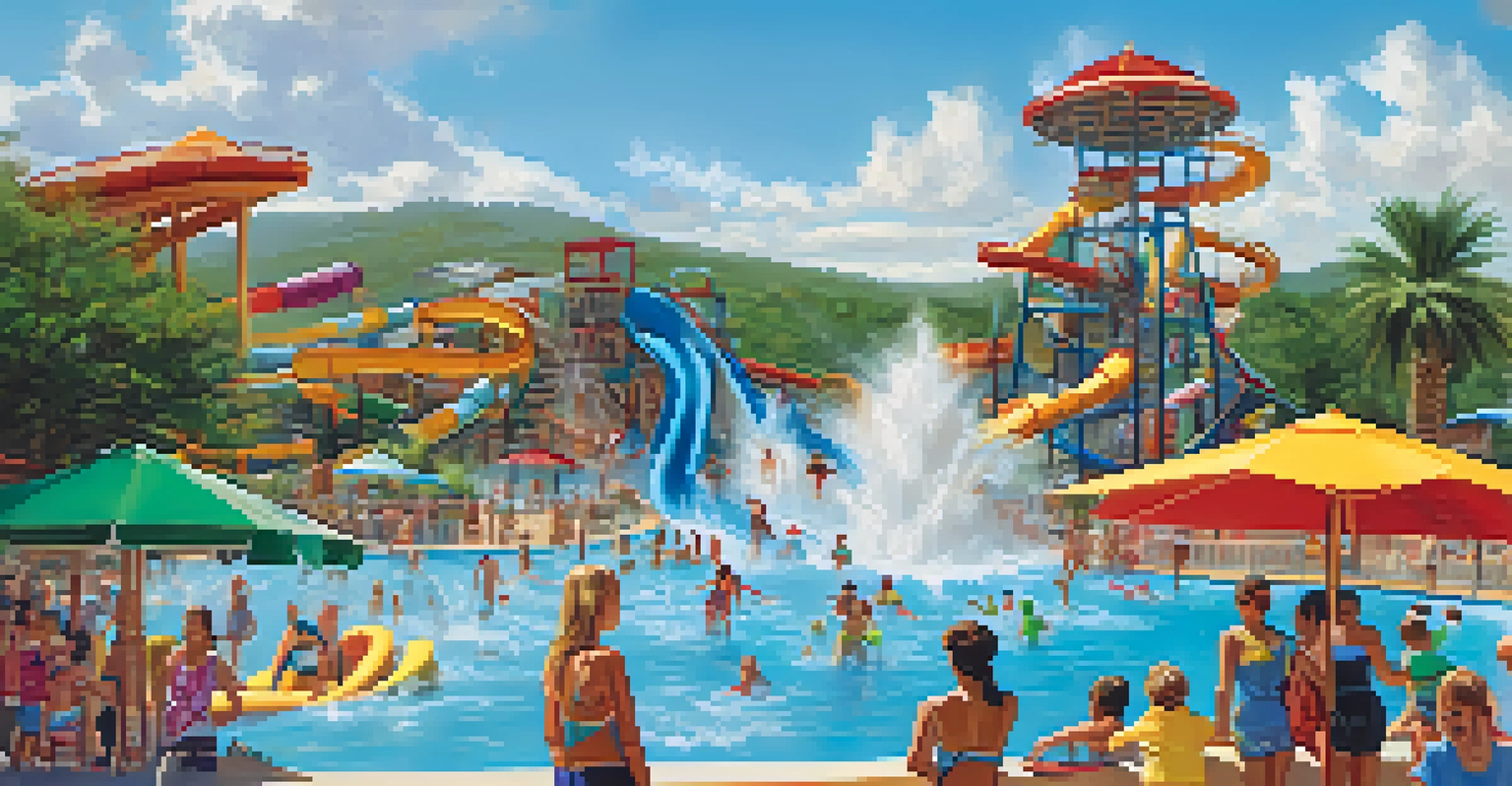 Families enjoying a sunny day at White Water Bay water park, splashing in the pool with colorful water slides in the background.