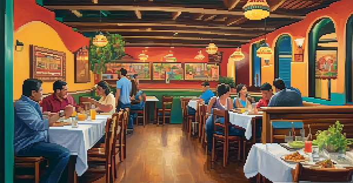 A bustling Tex-Mex restaurant in San Antonio filled with colorful decor and people enjoying their meals, featuring dishes like enchiladas and breakfast tacos.