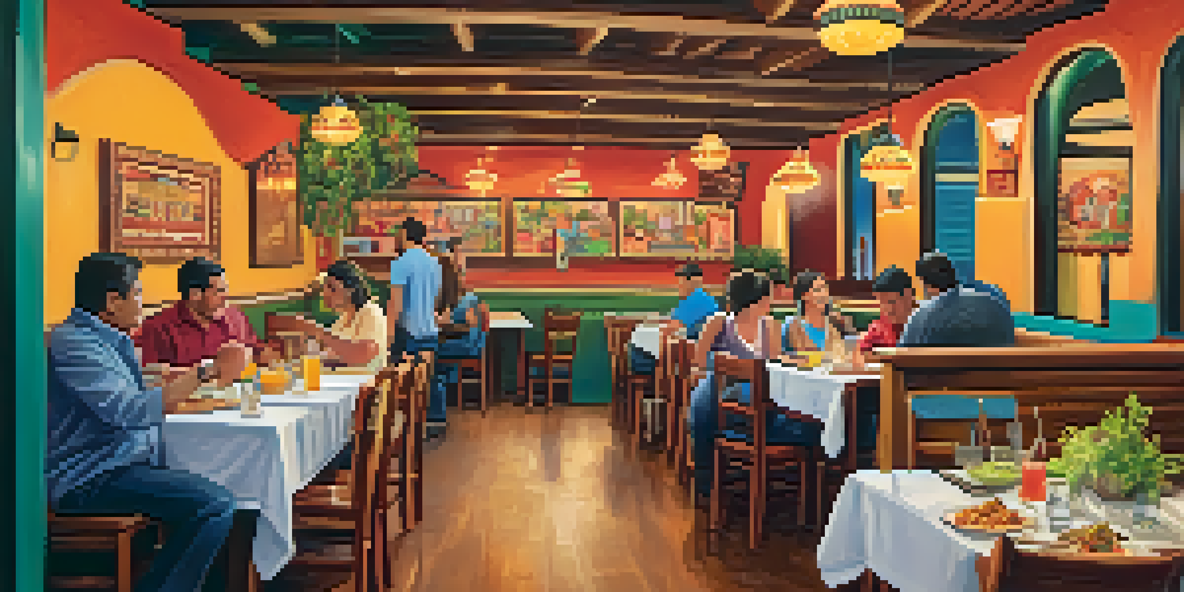 A bustling Tex-Mex restaurant in San Antonio filled with colorful decor and people enjoying their meals, featuring dishes like enchiladas and breakfast tacos.