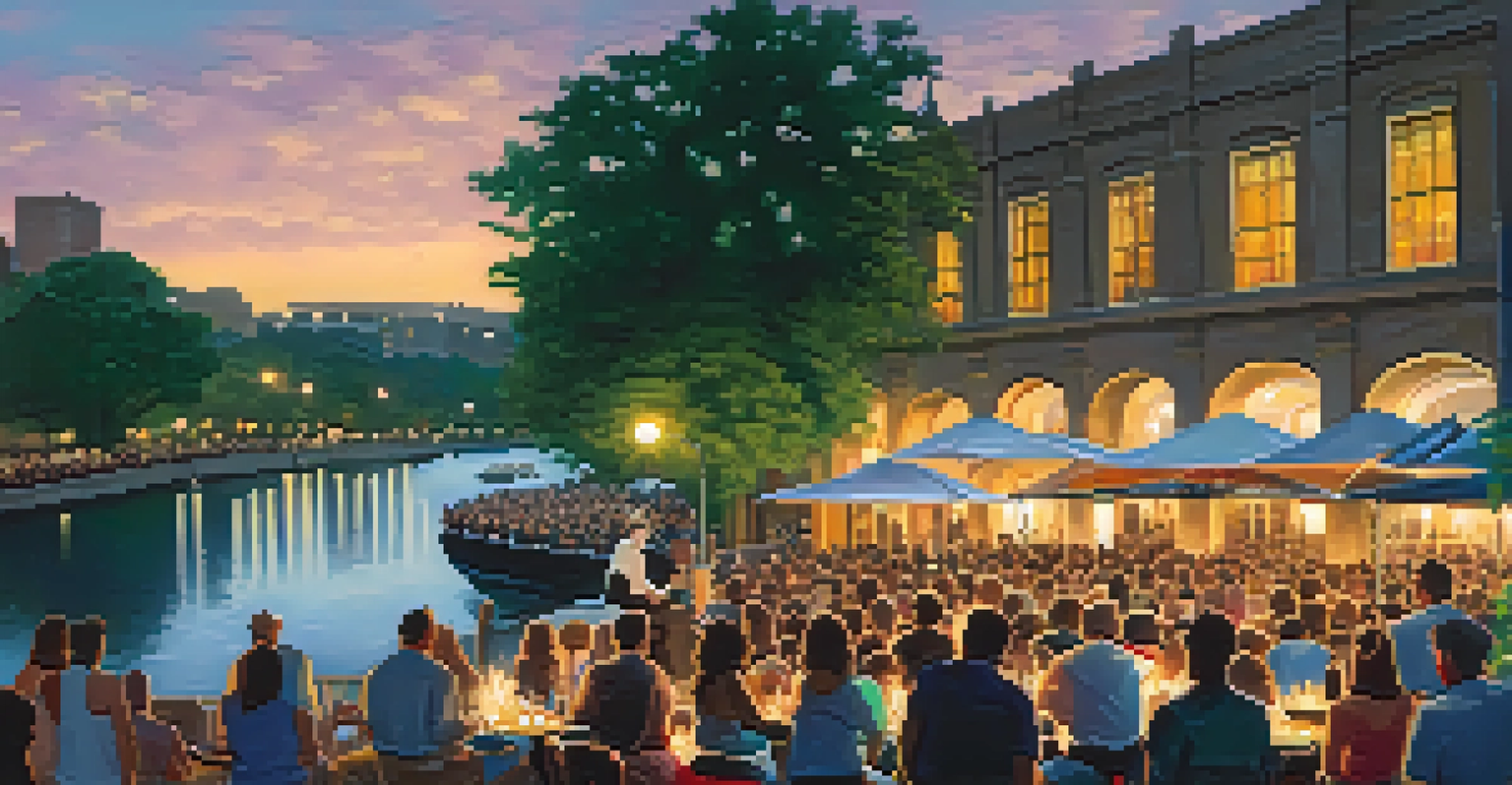 A jazz band performing on stage at the San Antonio Jazz Festival by the River Walk.