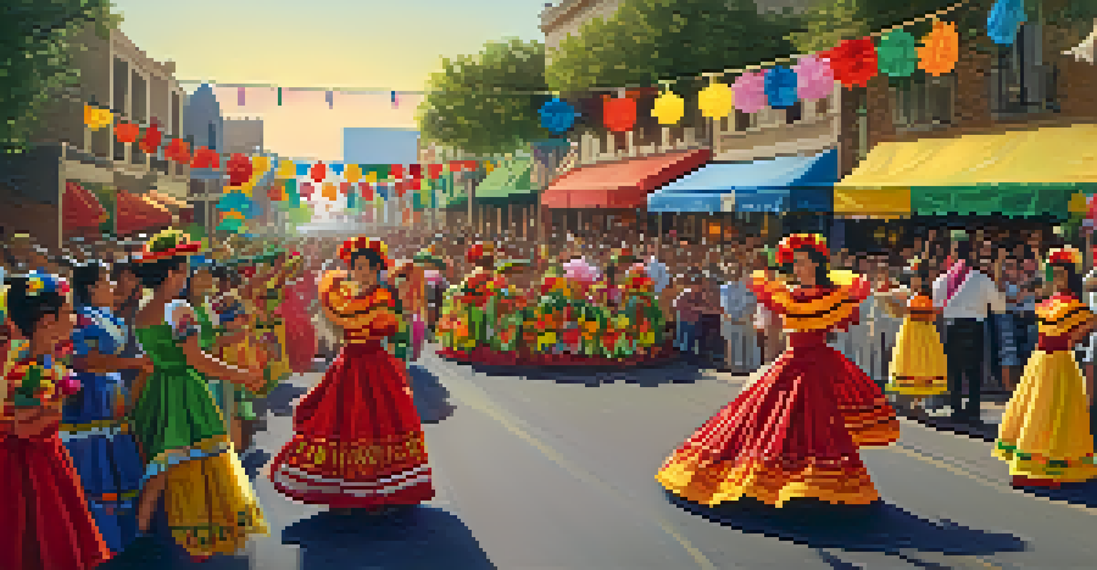 A festive parade scene from Fiesta San Antonio, featuring dancers in colorful costumes and a joyful crowd.