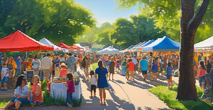 A colorful spring festival in a park with blooming flowers, families participating in activities, and artisans showcasing crafts under a sunny sky.