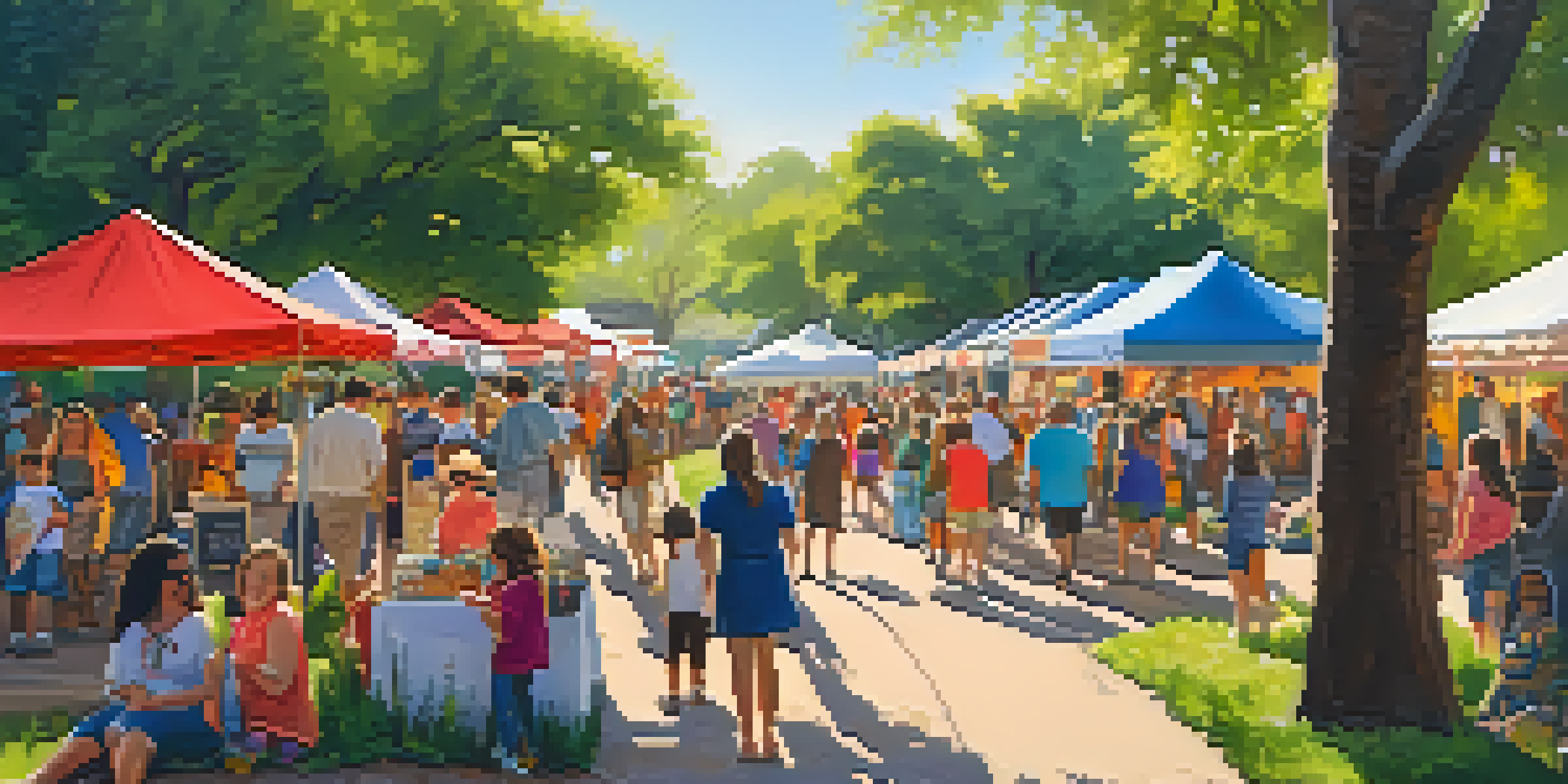 A colorful spring festival in a park with blooming flowers, families participating in activities, and artisans showcasing crafts under a sunny sky.