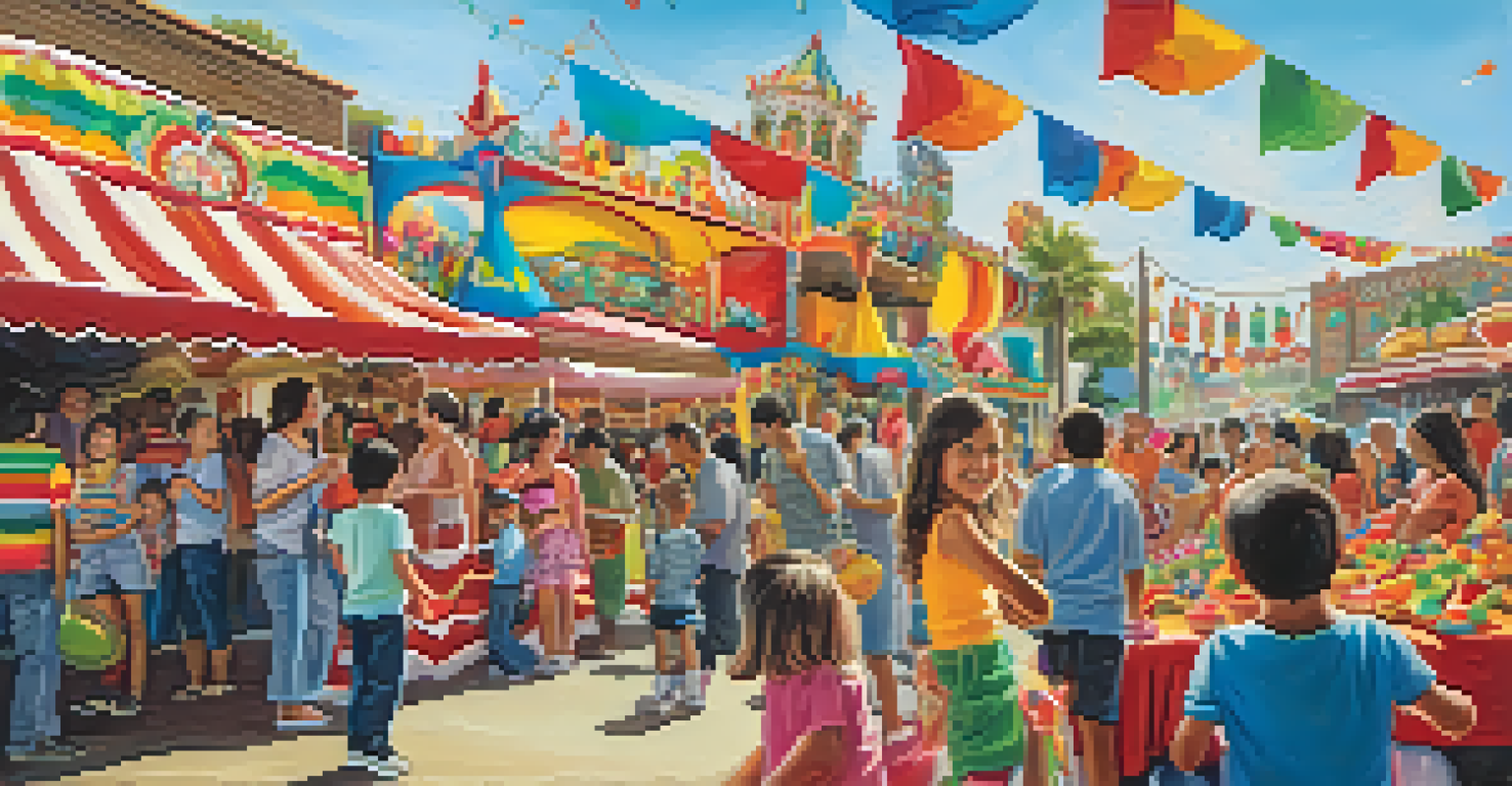 A cheerful family at the Fiesta de las Flores, with children engaged in face painting and enjoying carnival rides amidst colorful decorations and food stalls.