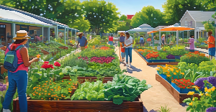 A sunny community garden with residents growing vegetables and flowers, highlighting teamwork and sustainability.