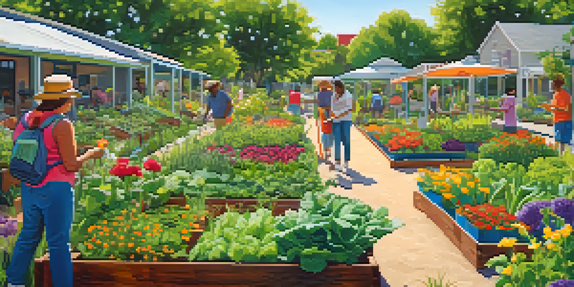 A sunny community garden with residents growing vegetables and flowers, highlighting teamwork and sustainability.