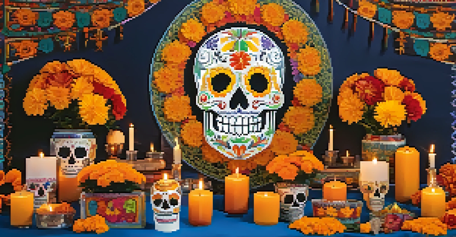 An altar for the Day of the Dead, adorned with marigolds and sugar skulls, reflecting the traditions of Dia de los Muertos.