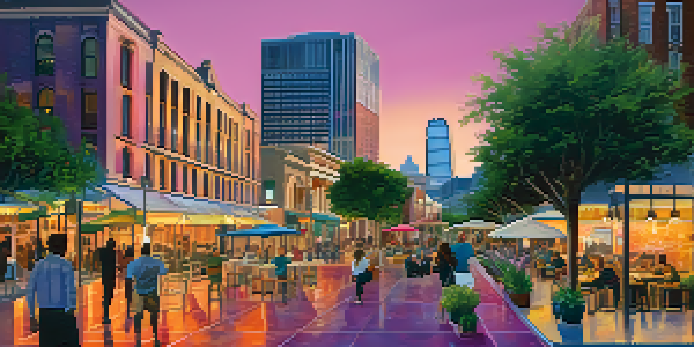 A sunset view of San Antonio's skyline with modern and historic buildings, lively street scenes, and colorful skies.