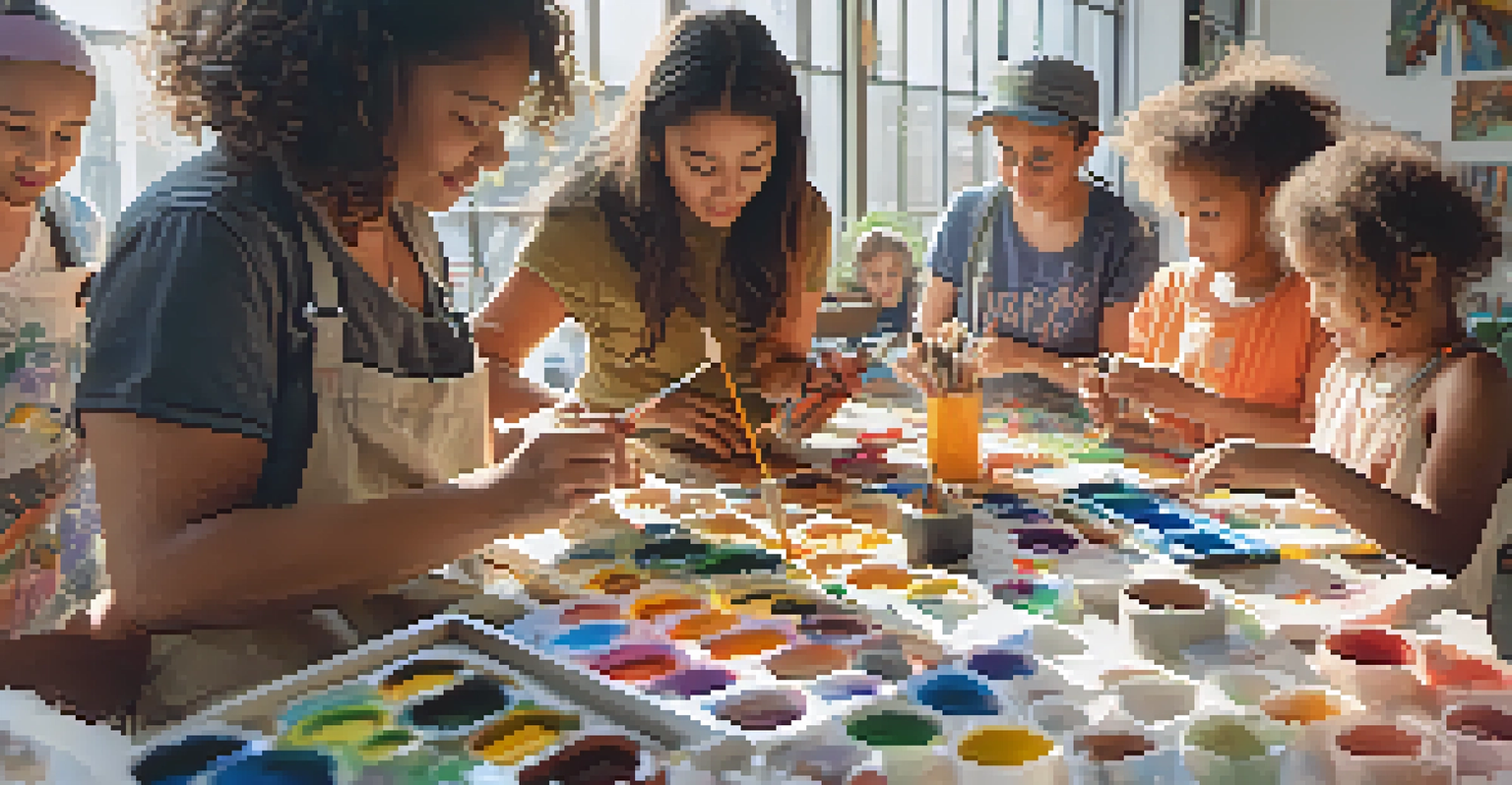A diverse group of participants engaged in a hands-on art workshop, creating colorful artworks in a bright space.