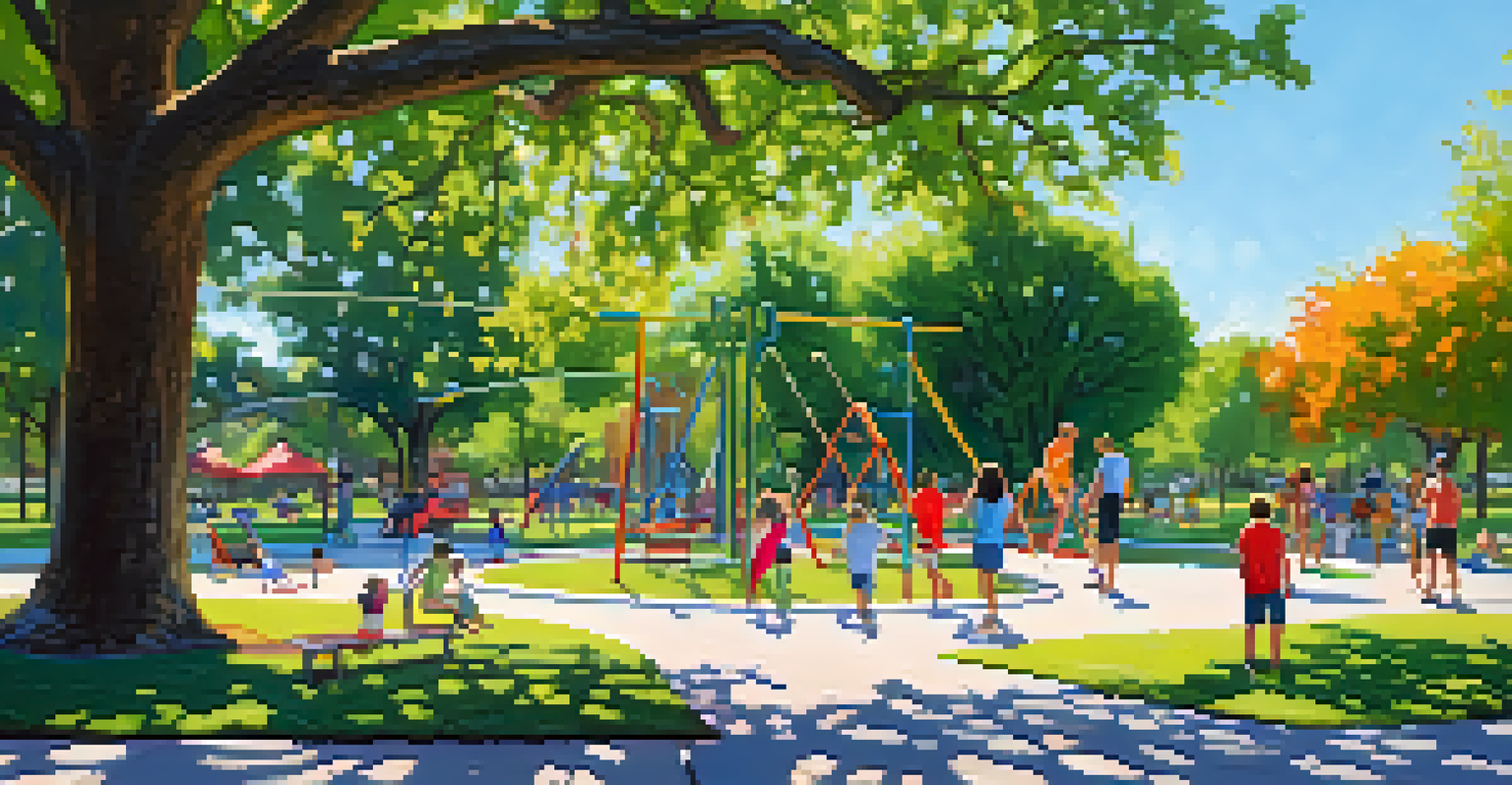 A lively family scene at Brackenridge Park with children playing on the playground and parents picnicking under trees.