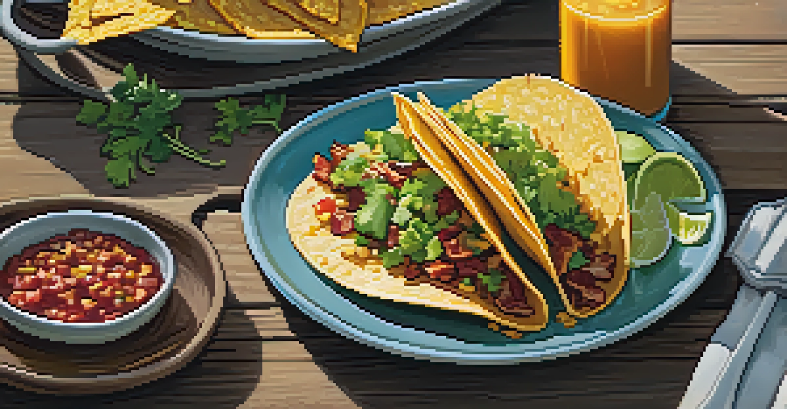 Close-up of a plate of breakfast tacos with eggs, bacon, and vegetables on a wooden table.