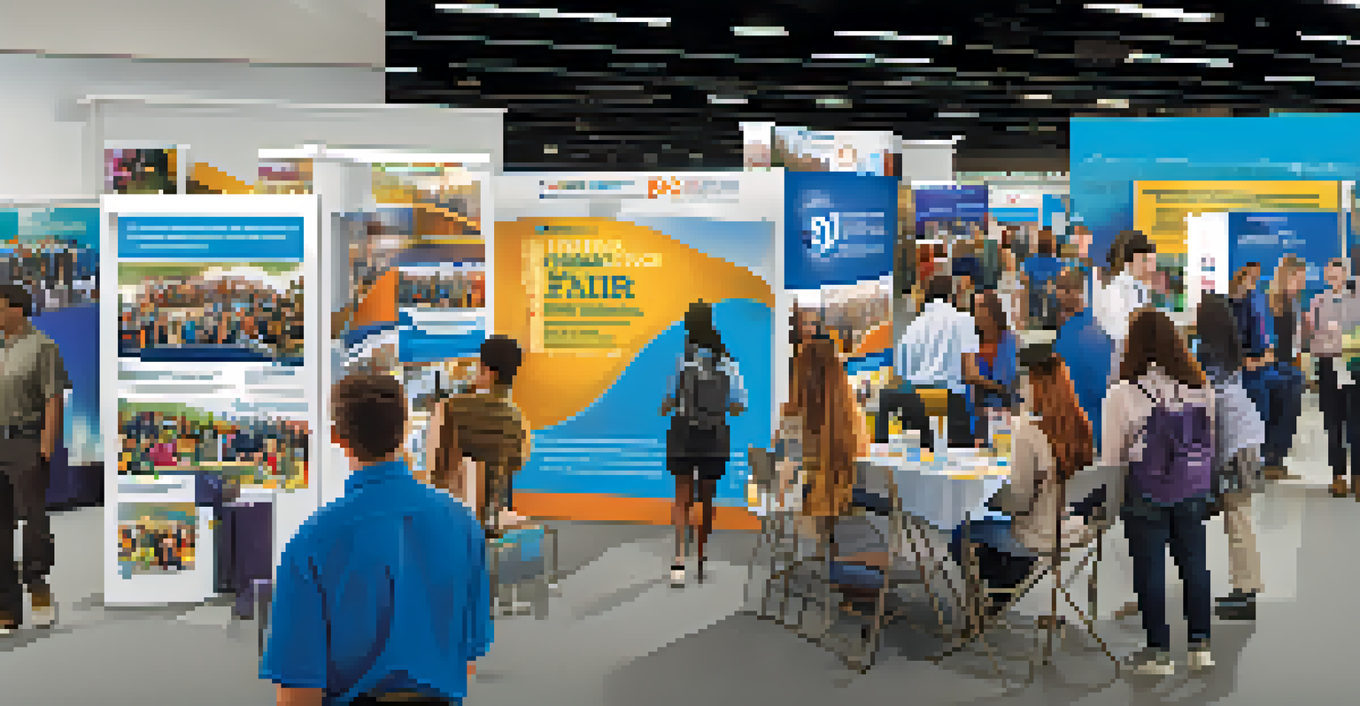 A community college career fair with students engaging with business representatives at various booths.