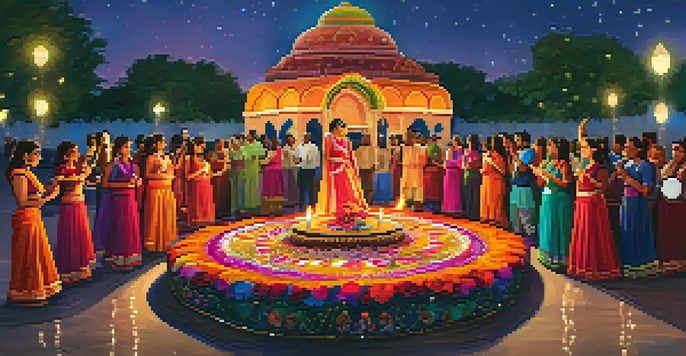 A lively gathering of diverse individuals in traditional Indian clothing celebrating Diwali with colorful decorations and lights.