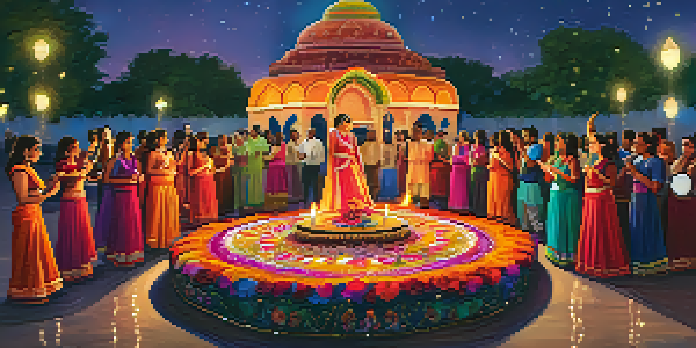 A lively gathering of diverse individuals in traditional Indian clothing celebrating Diwali with colorful decorations and lights.