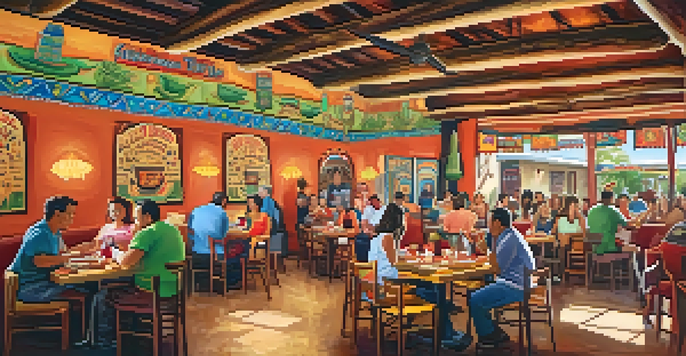 A lively Tex-Mex restaurant with colorful decorations and families enjoying meals with cheesy enchiladas and tortilla chips.