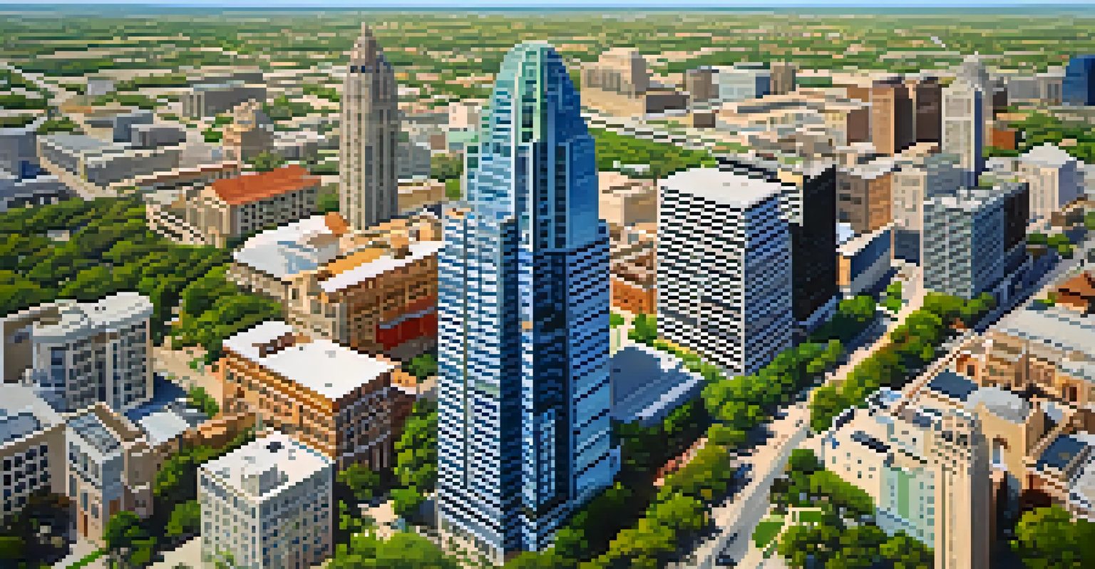 Aerial view of San Antonio skyline showing modern buildings and green spaces against a blue sky.
