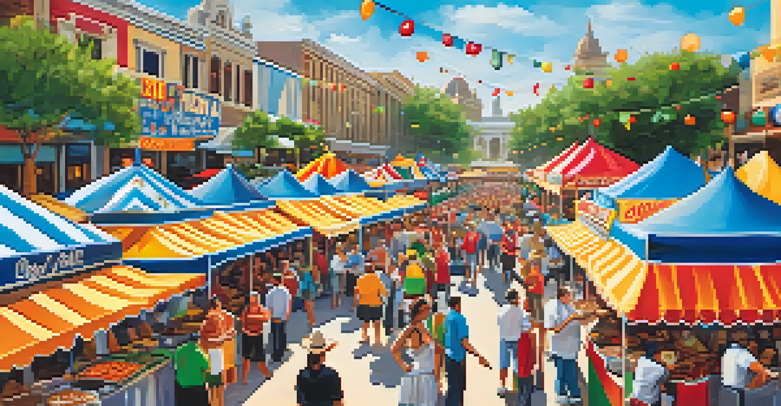A culinary festival in San Antonio showcasing food stalls and chefs preparing Tex-Mex cuisine with visitors enjoying the festivities.