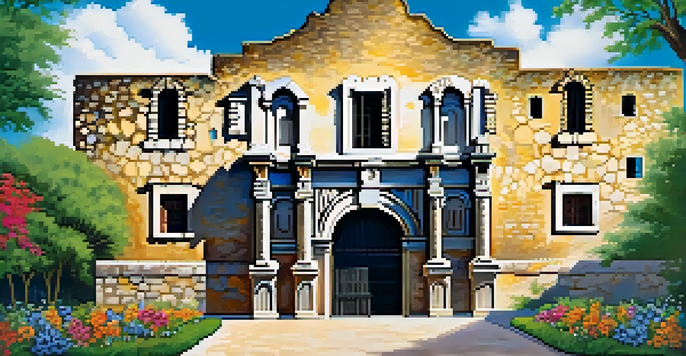 A view of the Alamo with detailed stonework, surrounded by colorful flowers and greenery, under a clear blue sky.