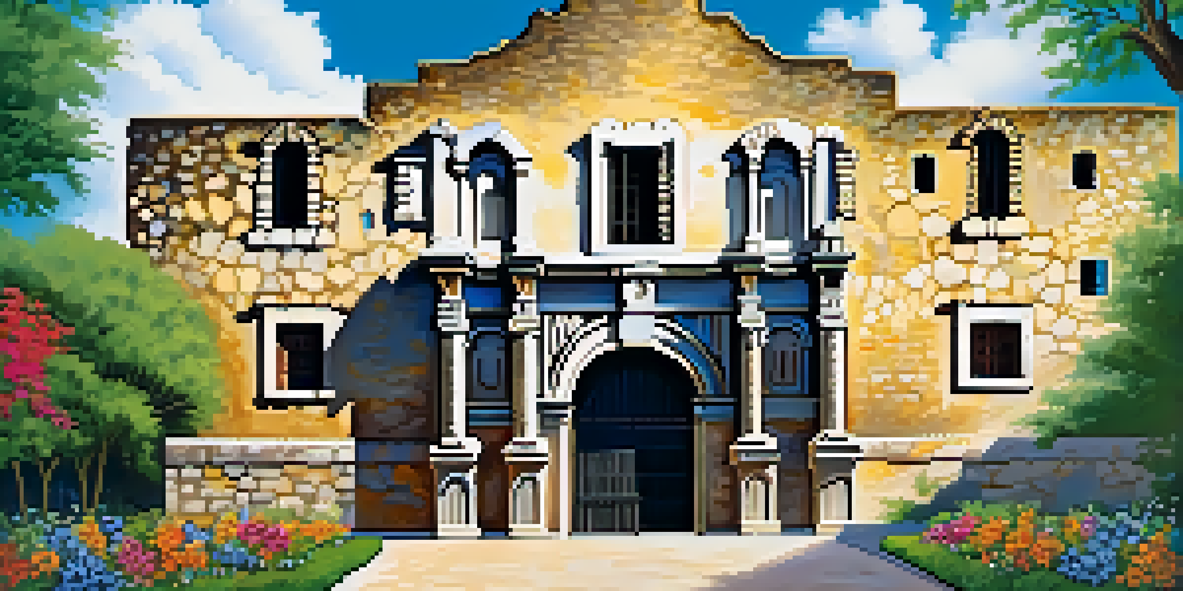 A view of the Alamo with detailed stonework, surrounded by colorful flowers and greenery, under a clear blue sky.