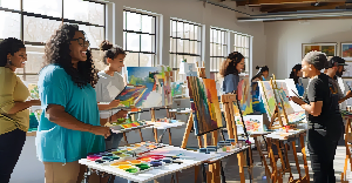 A diverse group of young artists in a sunlit studio, engaged in painting and sculpture, with colorful art supplies around them.