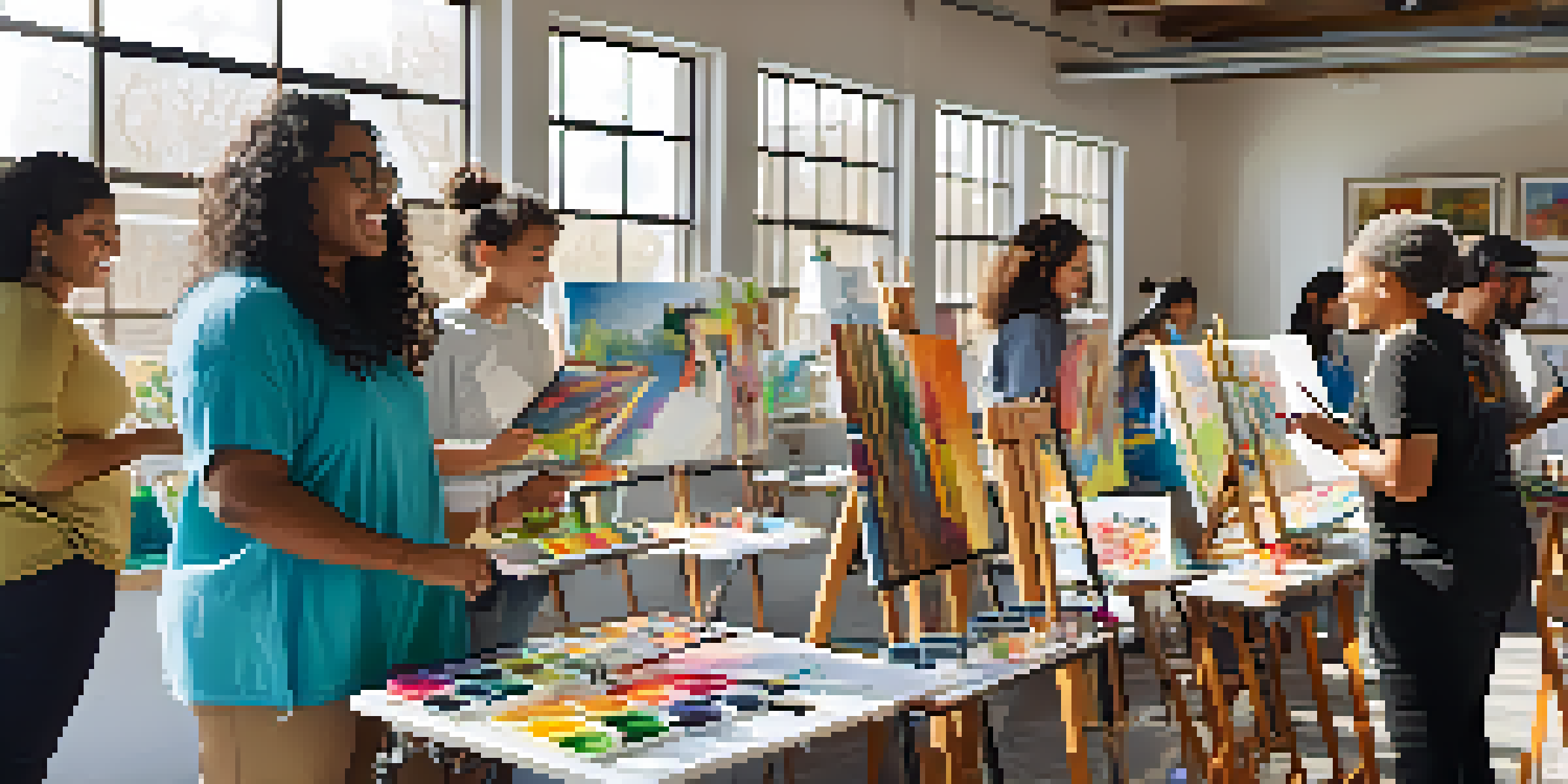 A diverse group of young artists in a sunlit studio, engaged in painting and sculpture, with colorful art supplies around them.