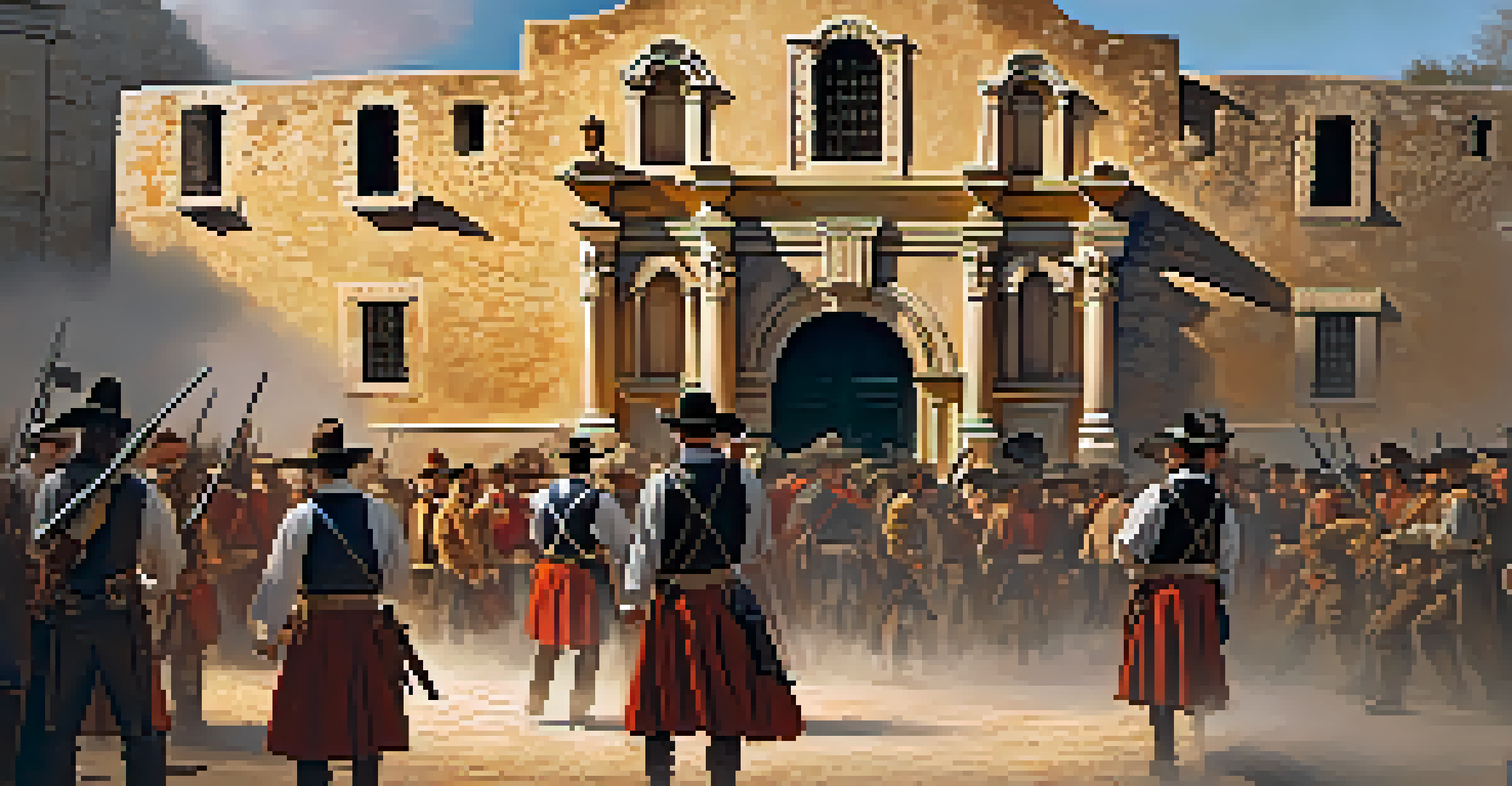 A historical reenactment at The Alamo, featuring figures in period costumes and the iconic architecture in the background.