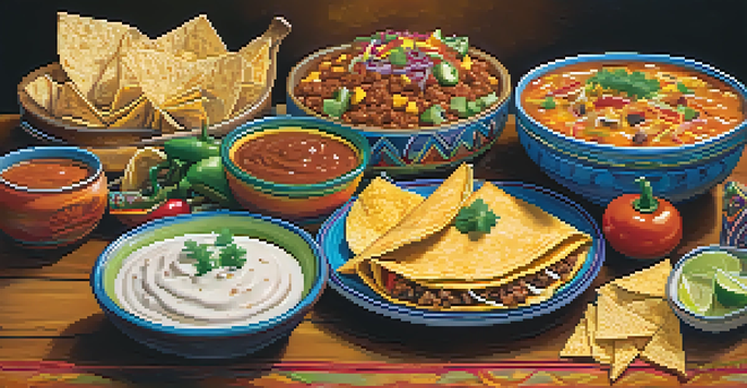 A table set with a variety of Tex-Mex dishes including tacos, enchiladas, and queso, accented by traditional Mexican pottery and herbs.