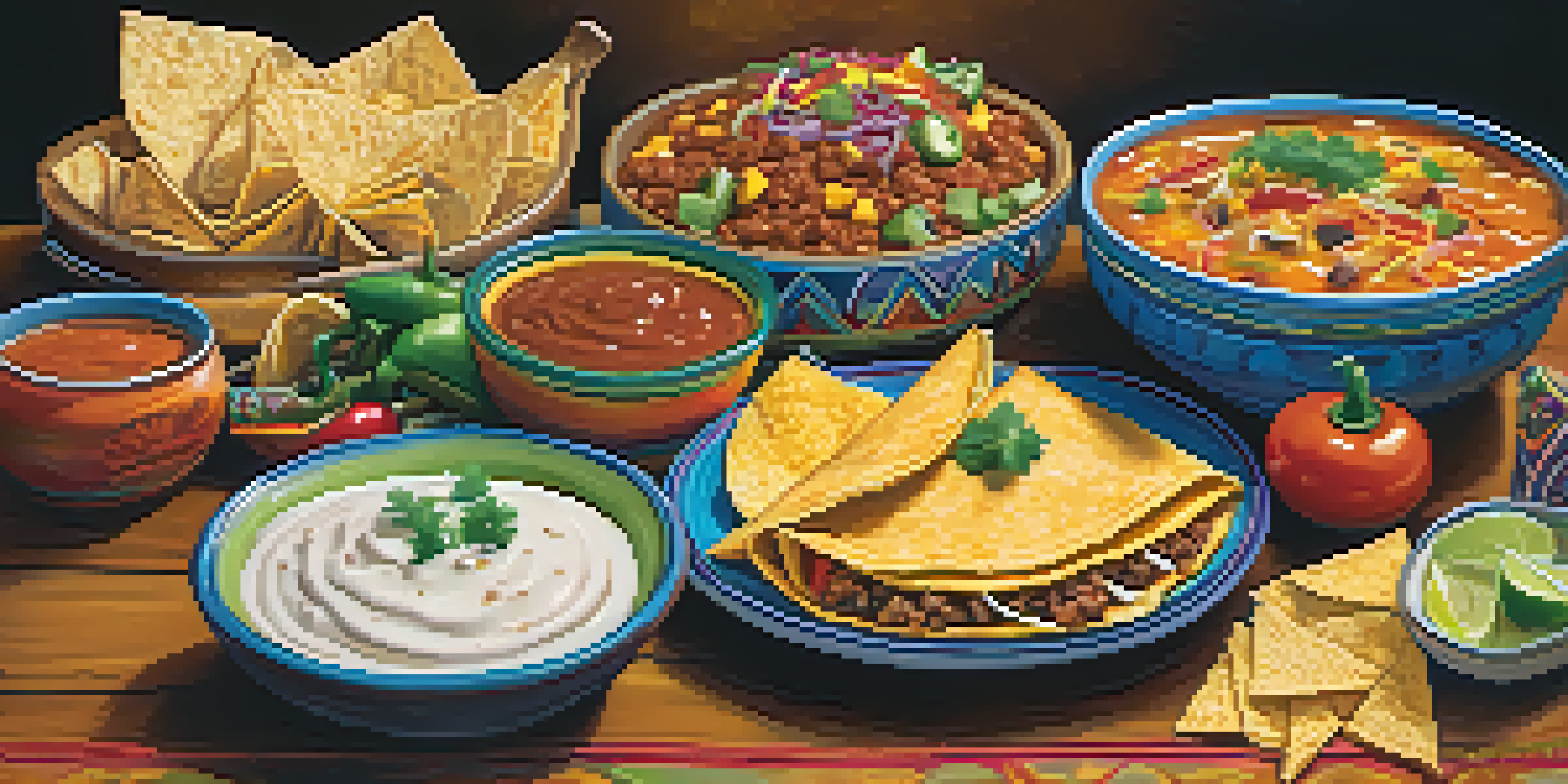 A table set with a variety of Tex-Mex dishes including tacos, enchiladas, and queso, accented by traditional Mexican pottery and herbs.