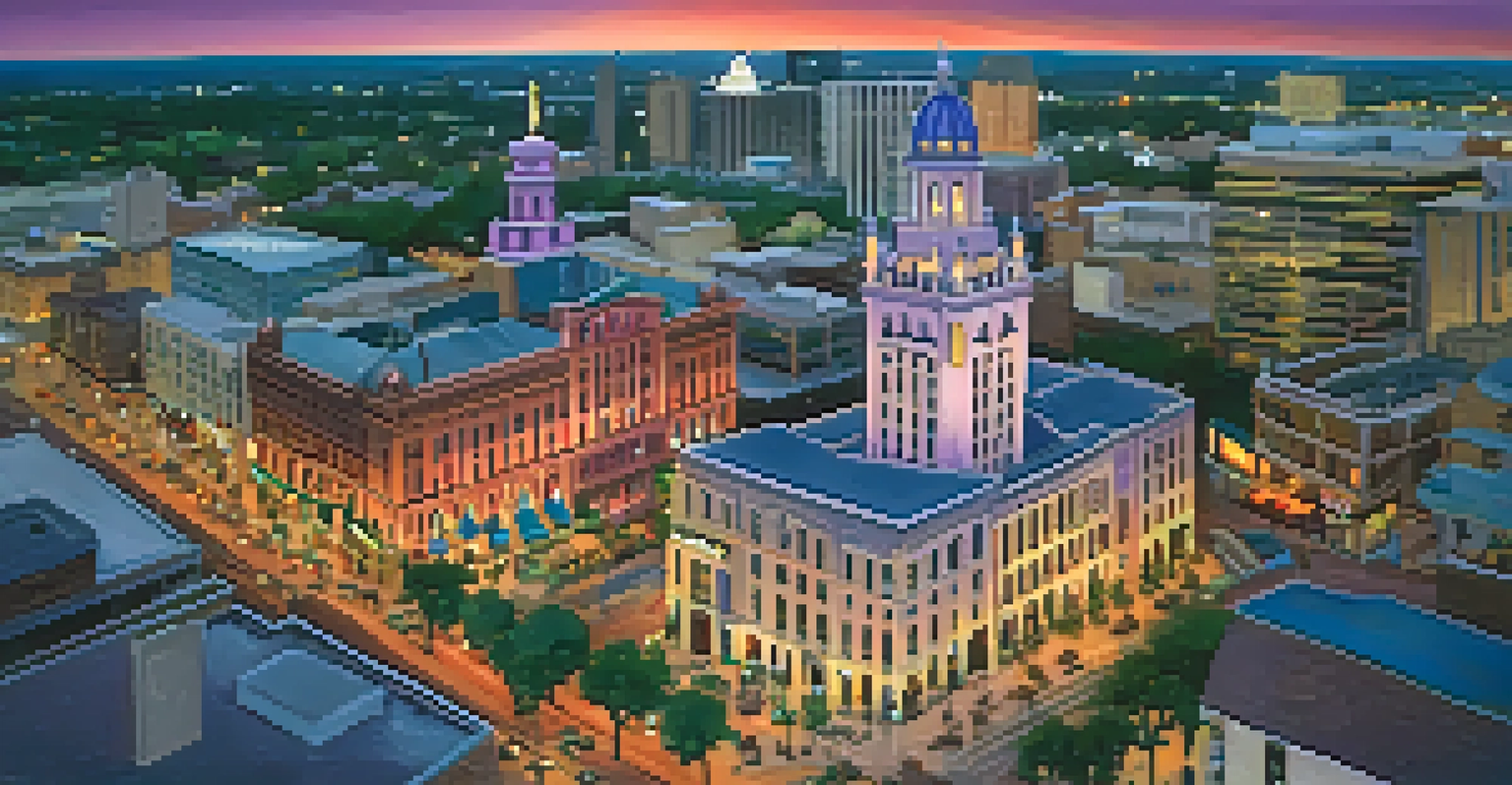 Aerial view of downtown San Antonio at dusk with illuminated buildings and the River Walk.