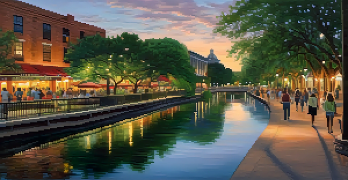 A sunset view along the river walk, with colorful reflections on the water and people walking by the lush banks.