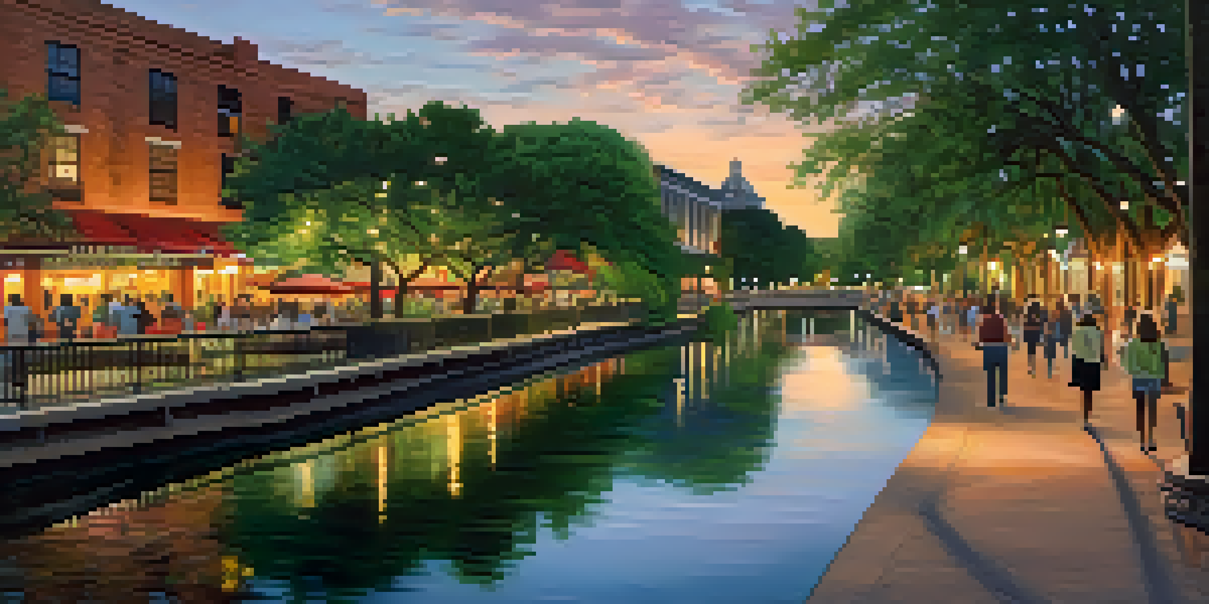 A sunset view along the river walk, with colorful reflections on the water and people walking by the lush banks.