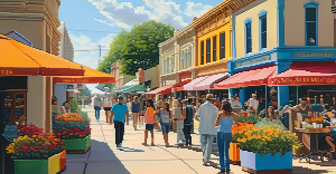 A vibrant street in San Antonio filled with diverse people enjoying cafes and shops, surrounded by colorful murals and flowers, illuminated by warm sunlight.