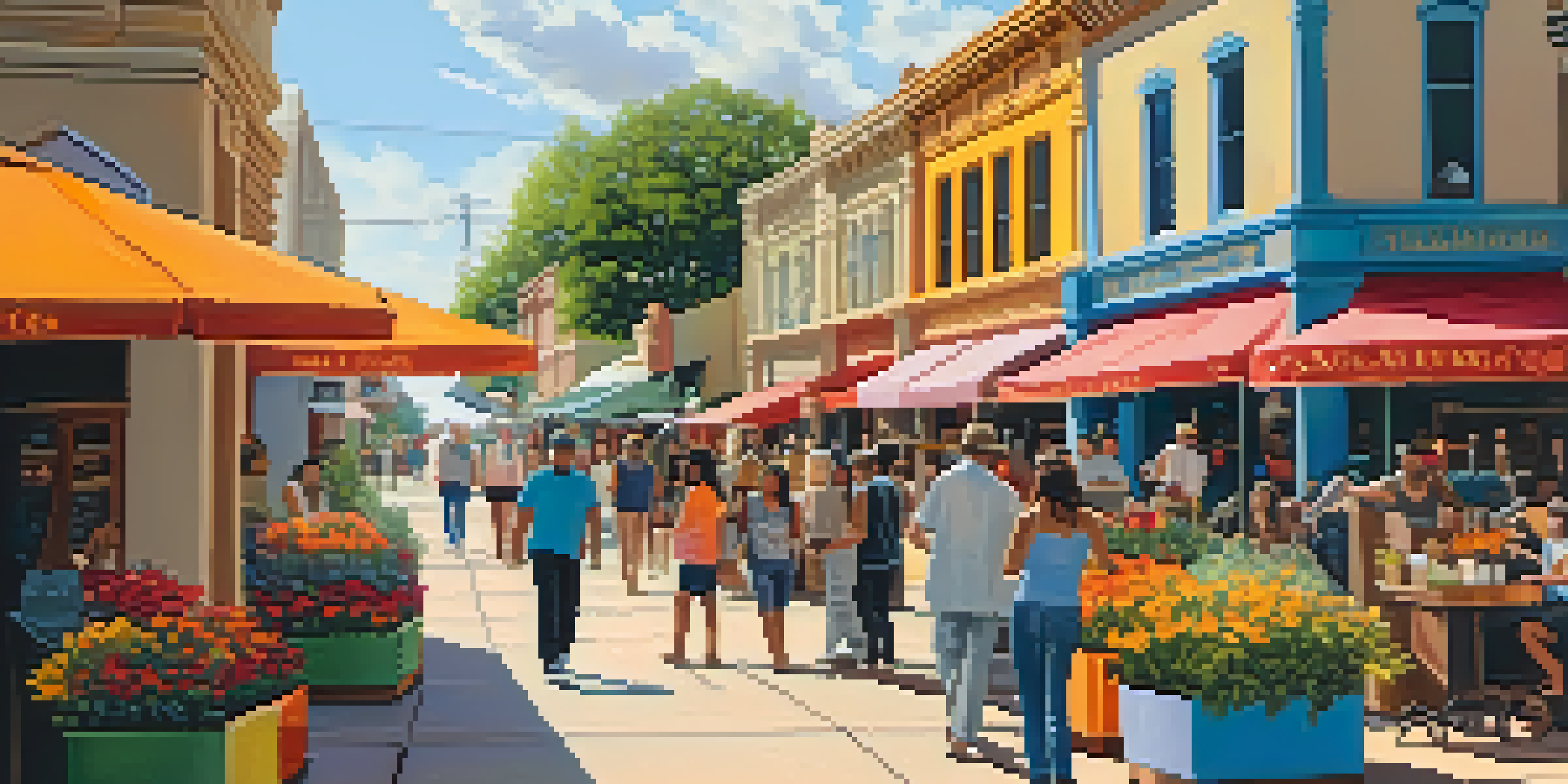 A vibrant street in San Antonio filled with diverse people enjoying cafes and shops, surrounded by colorful murals and flowers, illuminated by warm sunlight.