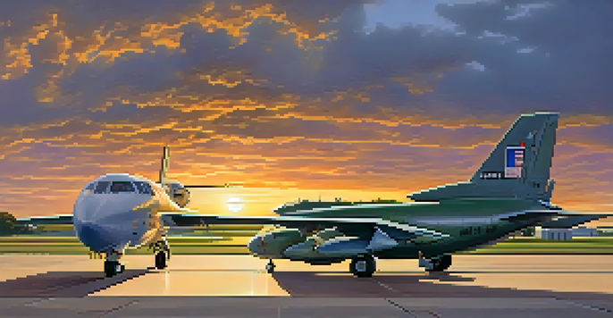 Panoramic view of Joint Base San Antonio at sunset with military aircraft and vibrant cloud colors.