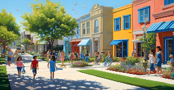 A lively San Antonio neighborhood with families in a park, showcasing a mix of modern and traditional homes, colorful flowers, and people enjoying the outdoors.