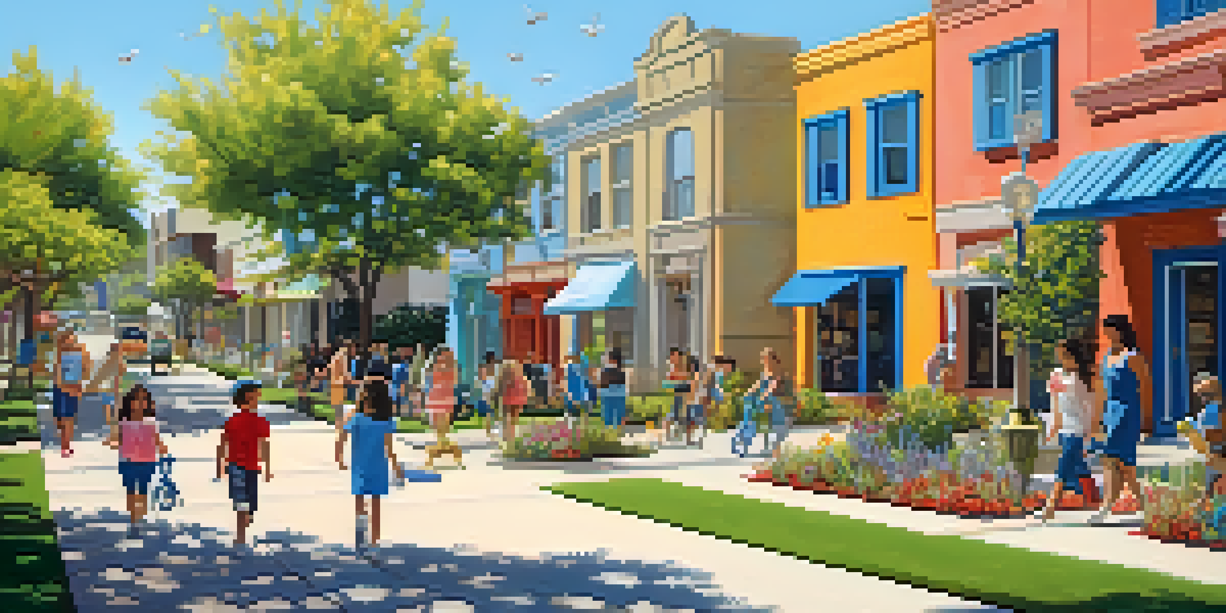 A lively San Antonio neighborhood with families in a park, showcasing a mix of modern and traditional homes, colorful flowers, and people enjoying the outdoors.