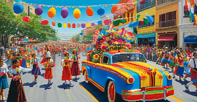 A colorful parade scene from Fiesta San Antonio with floats and people in traditional clothing.