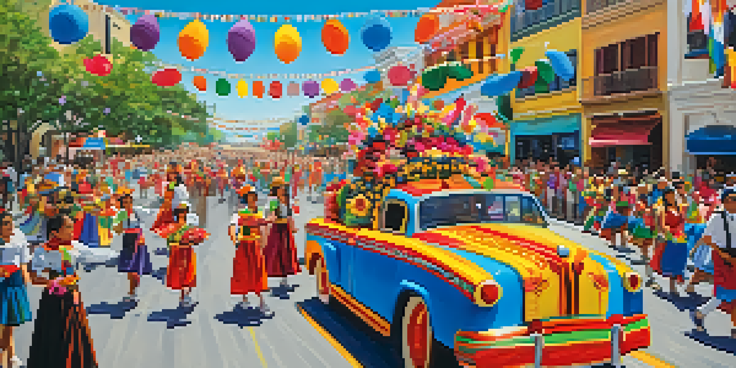 A colorful parade scene from Fiesta San Antonio with floats and people in traditional clothing.
