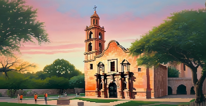 The Alamo's chapel at sunset, surrounded by greenery and visitors, with warm colors in the sky.