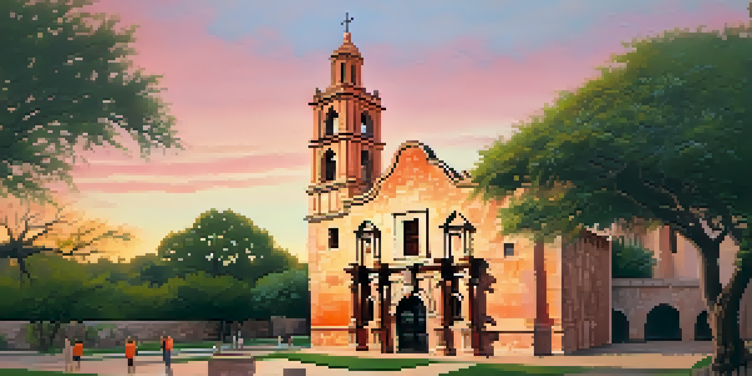 The Alamo's chapel at sunset, surrounded by greenery and visitors, with warm colors in the sky.