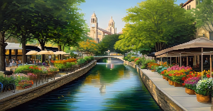 A peaceful scene of a river with greenery and flowers in the early morning light, featuring bridges and shops along the path.