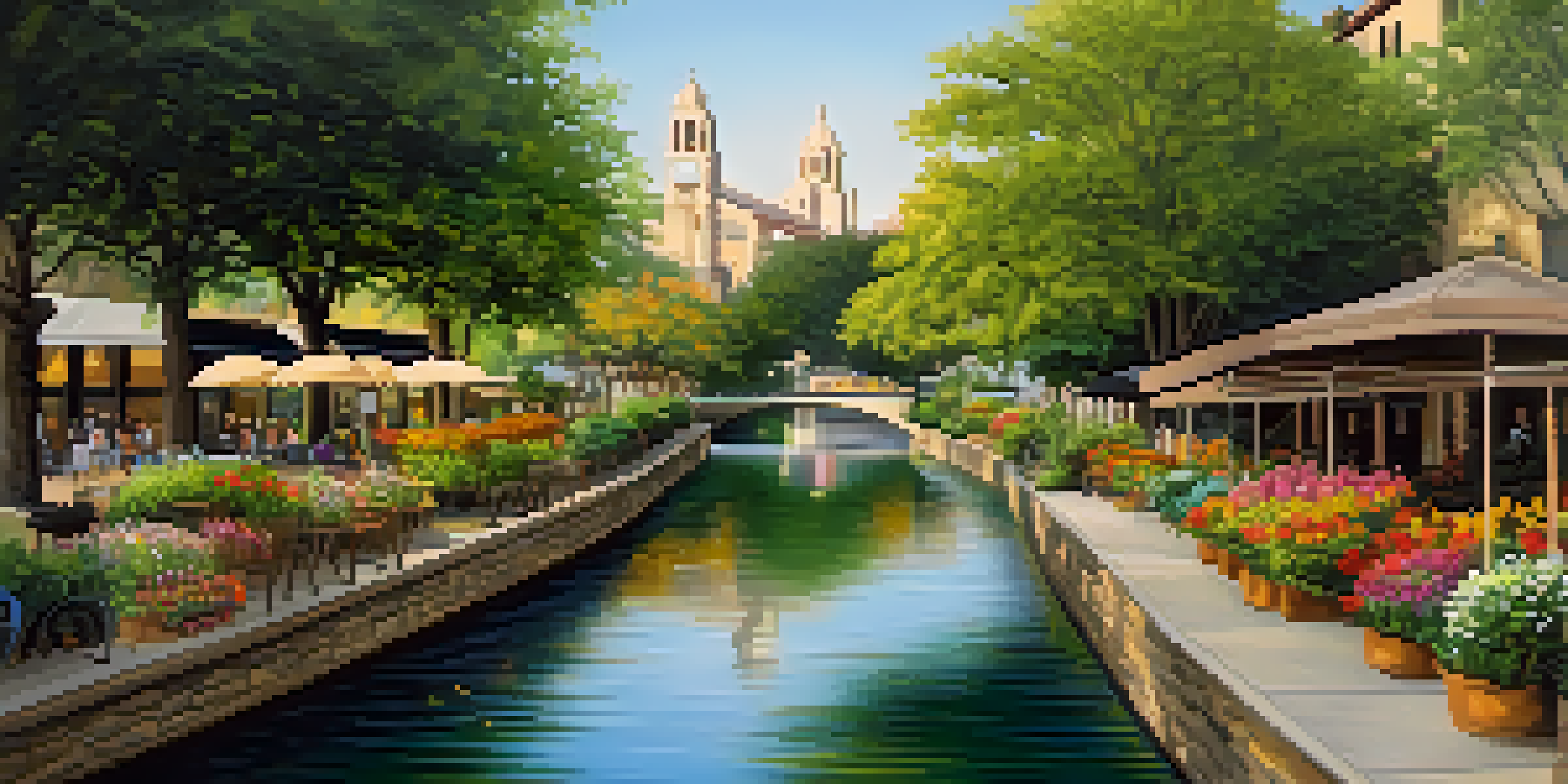 A peaceful scene of a river with greenery and flowers in the early morning light, featuring bridges and shops along the path.