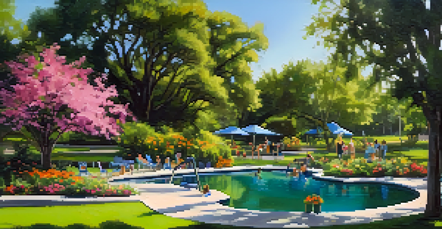 A family-friendly park with a natural swimming pool, picnic areas, and blooming flowers under the sun.