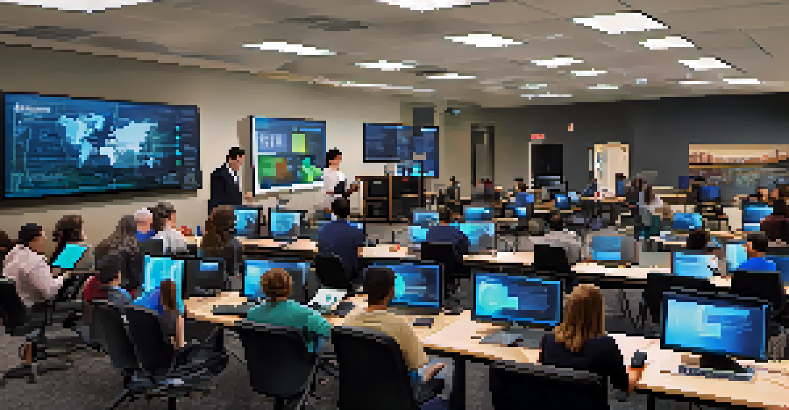 A cybersecurity workshop in San Antonio with diverse participants engaged in collaborative tech education activities.