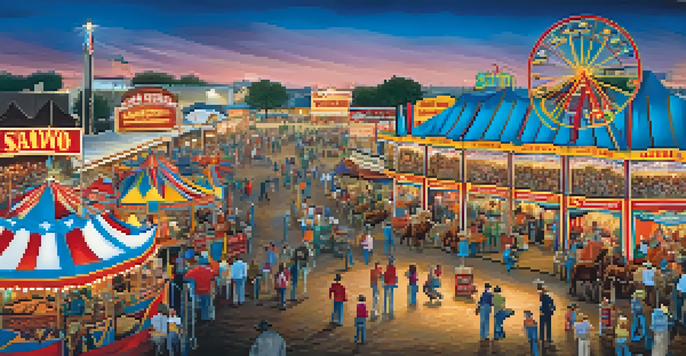 A colorful carnival scene at the San Antonio Stock Show & Rodeo with families enjoying food and rides under a bright blue sky.