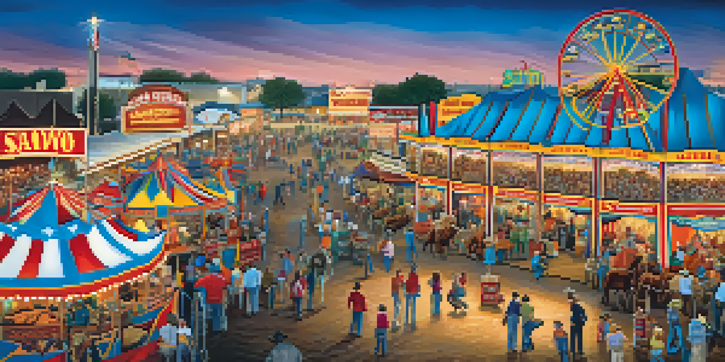 A colorful carnival scene at the San Antonio Stock Show & Rodeo with families enjoying food and rides under a bright blue sky.