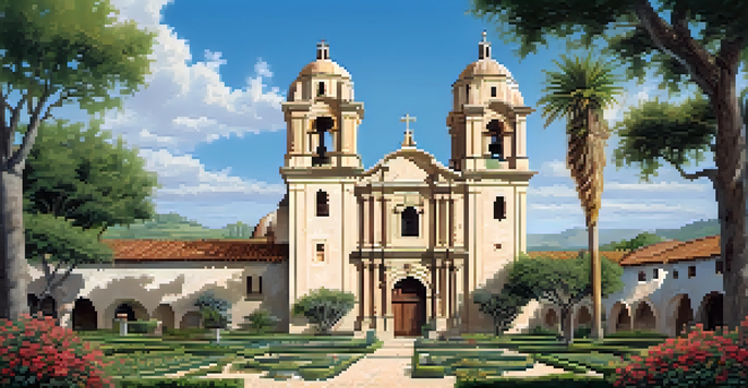 A beautiful image of Mission San José with a stone façade and ornate altars, surrounded by lush gardens and a clear blue sky.